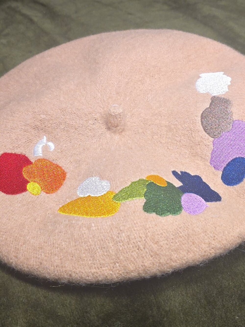 Artist Paint Palette Embroidered Beret Tan Wool Feel One Size